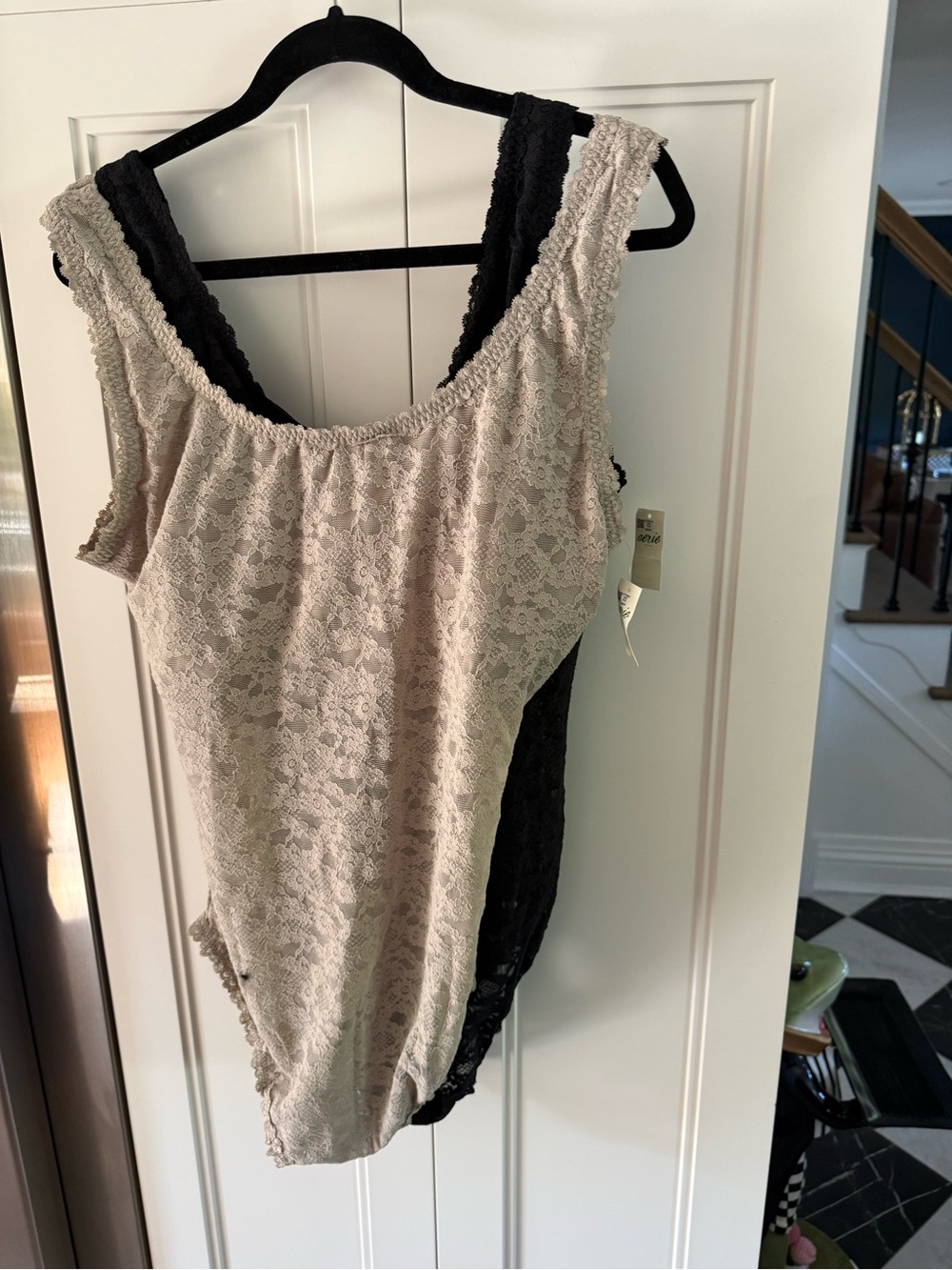 Aerie 2 Lace Scoop Bodysuit in Black and Beige